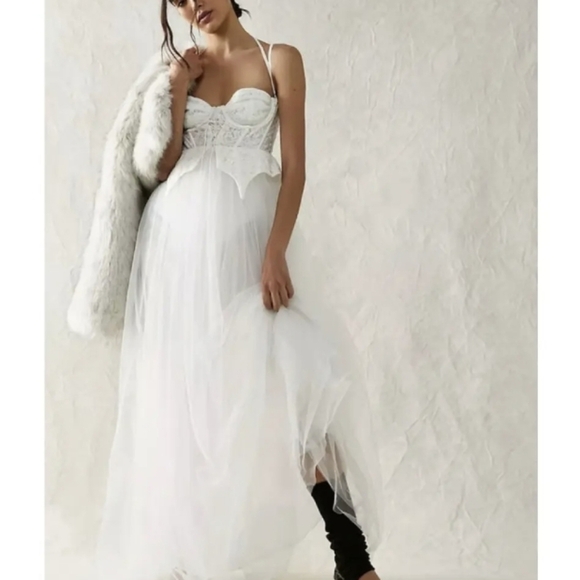 For Love and Lemons Dress Lily Corset Bodice Lace Tulle White L - Picture 1 of 9